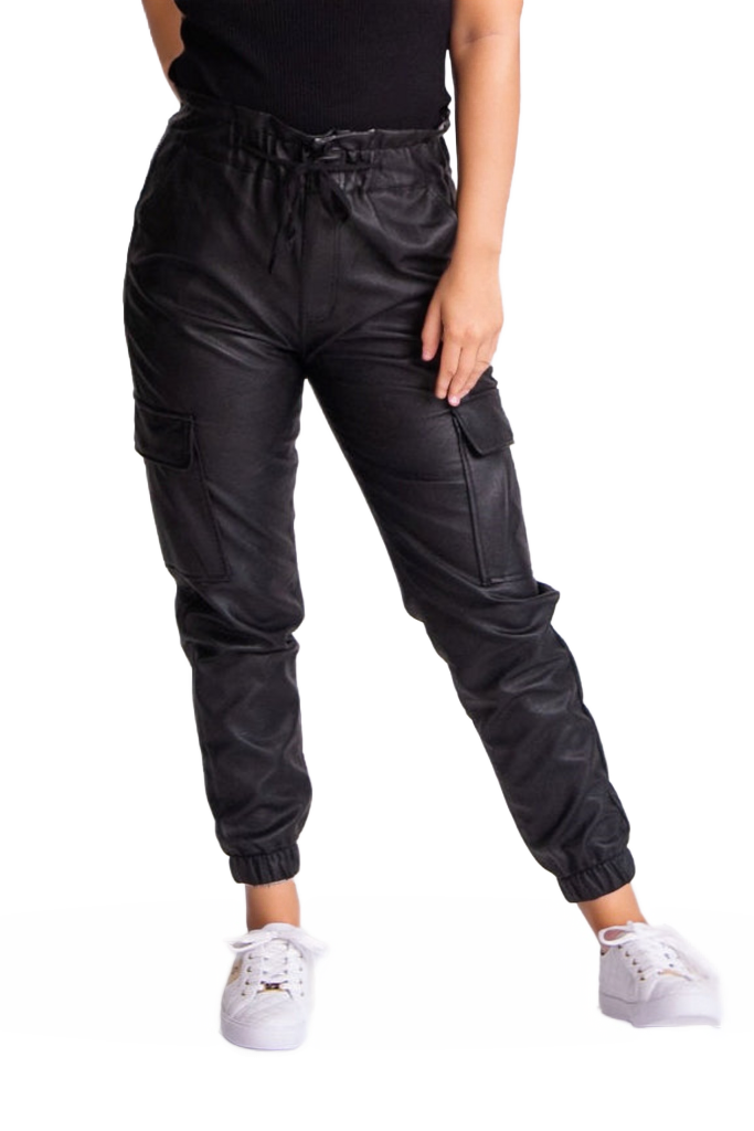 KanCan High Rise Faux Leather Cargo Jogger - Women's Pants in Black