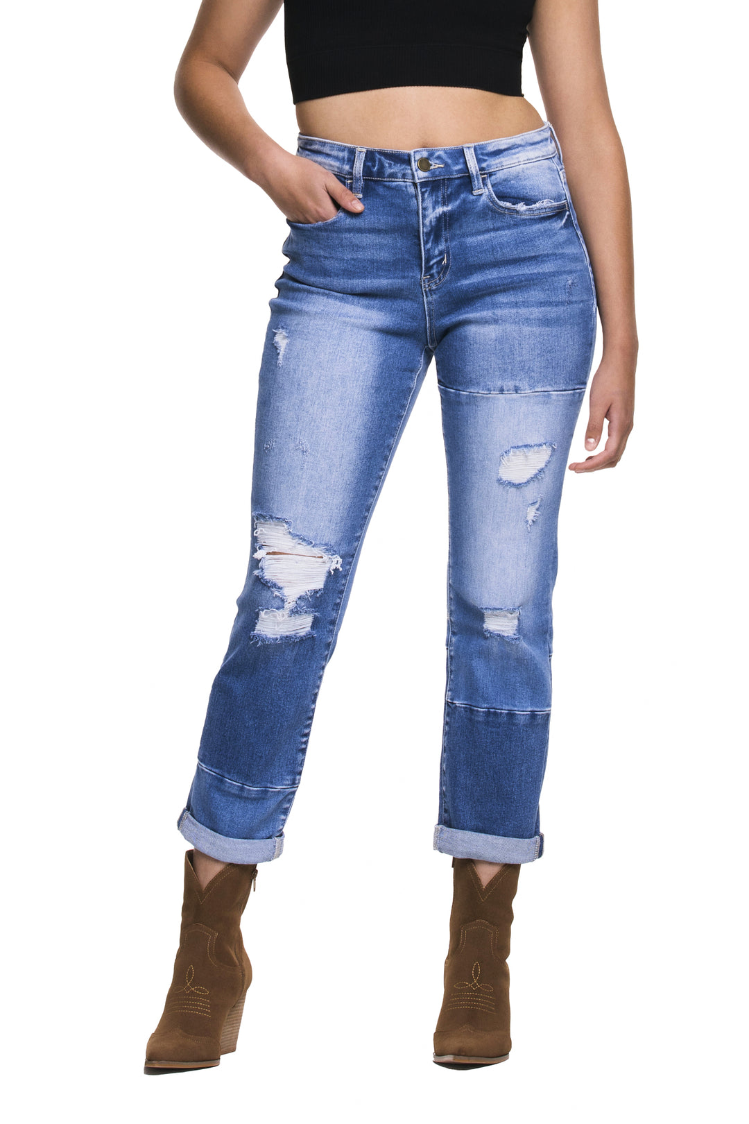 Diligent - Stretch Boyfriend Color Block Jeans with Rolled Cuff - Expressive Collective CO.