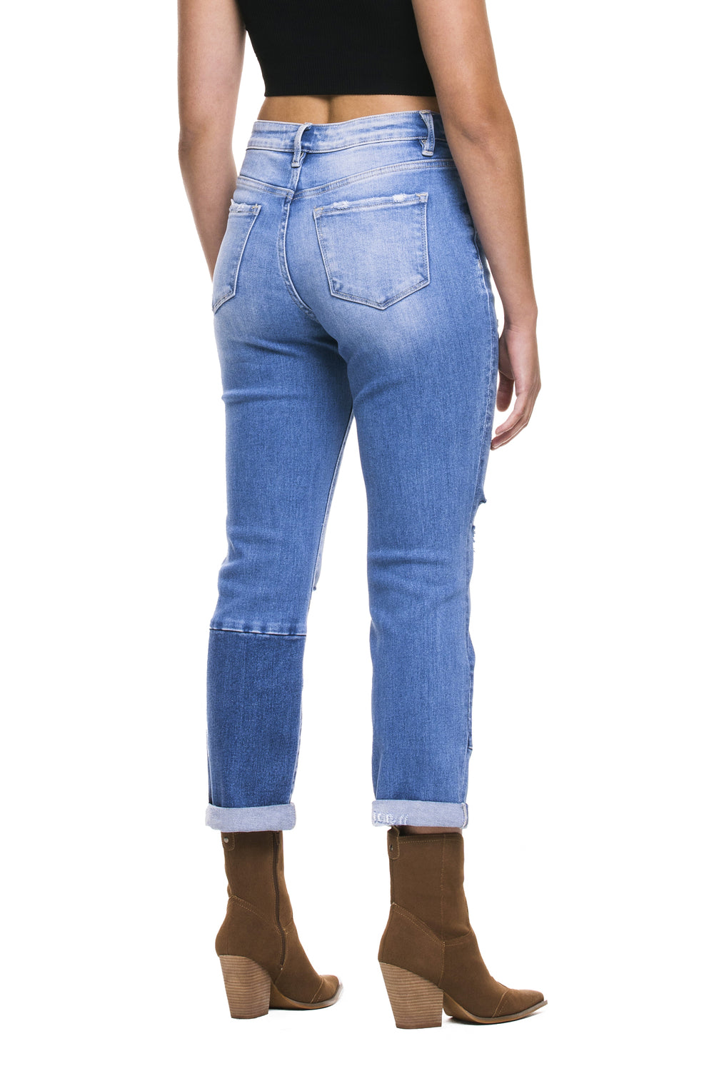Diligent - Stretch Boyfriend Color Block Jeans with Rolled Cuff - Expressive Collective CO.