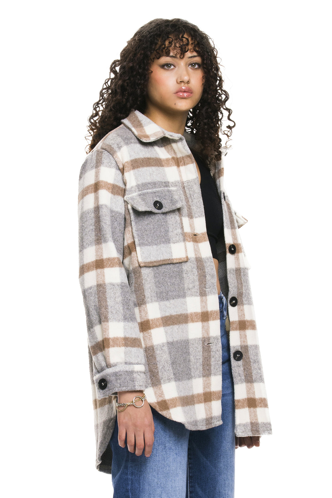 Sweet Milly Brushed Grey Plaid Button Down Shacket - Expressive Collective CO.