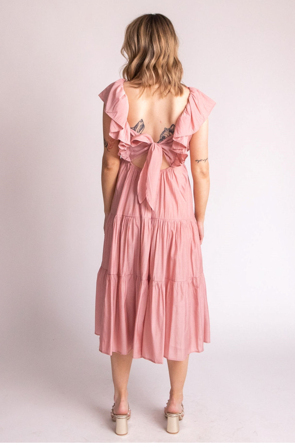 pink midi tie back dress