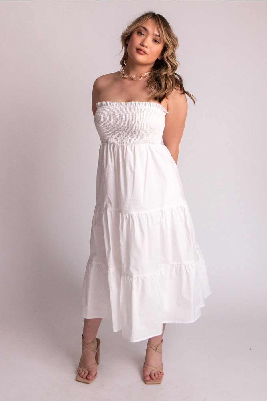 Tie-Back Strapless Midi Tiered Dress - Expressive Collective CO.