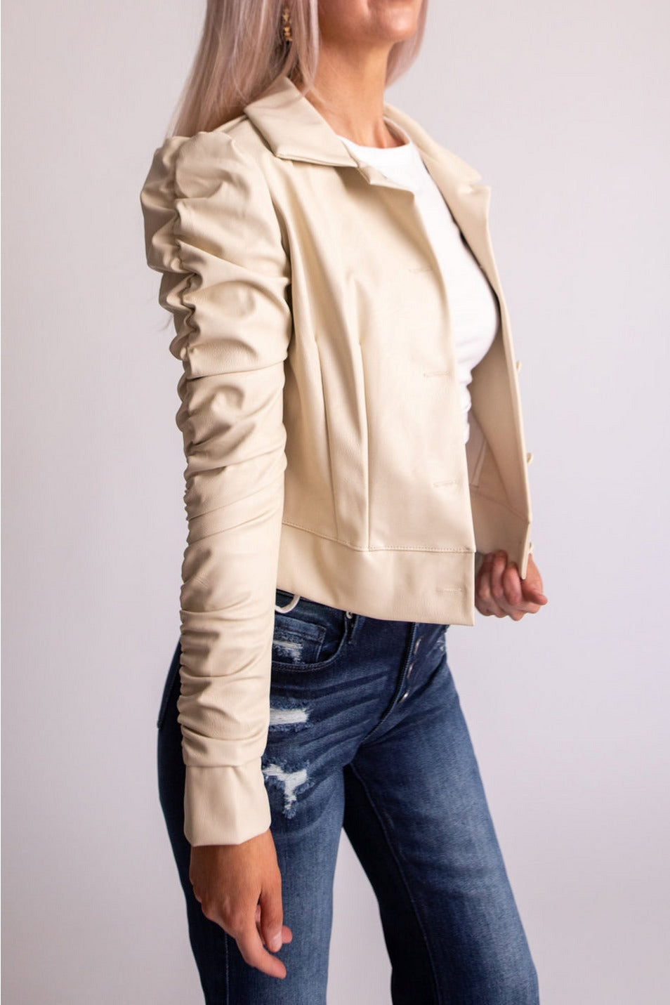 Frenchie Faux Leather Rouched Puff Jacket - Expressive Collective CO.