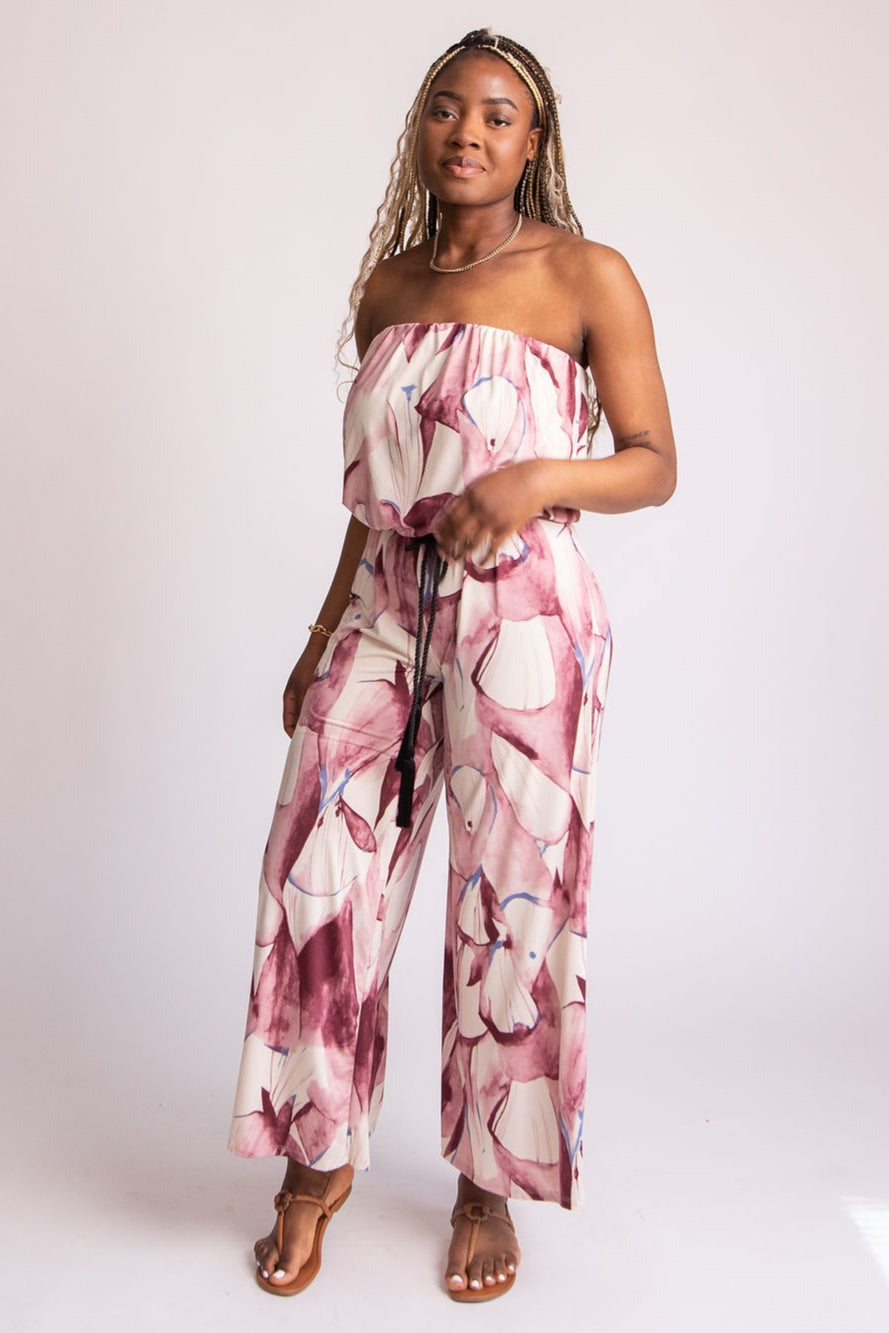 Wine Wide Legged Strapless Jumpsuit - Expressive Collective CO.
