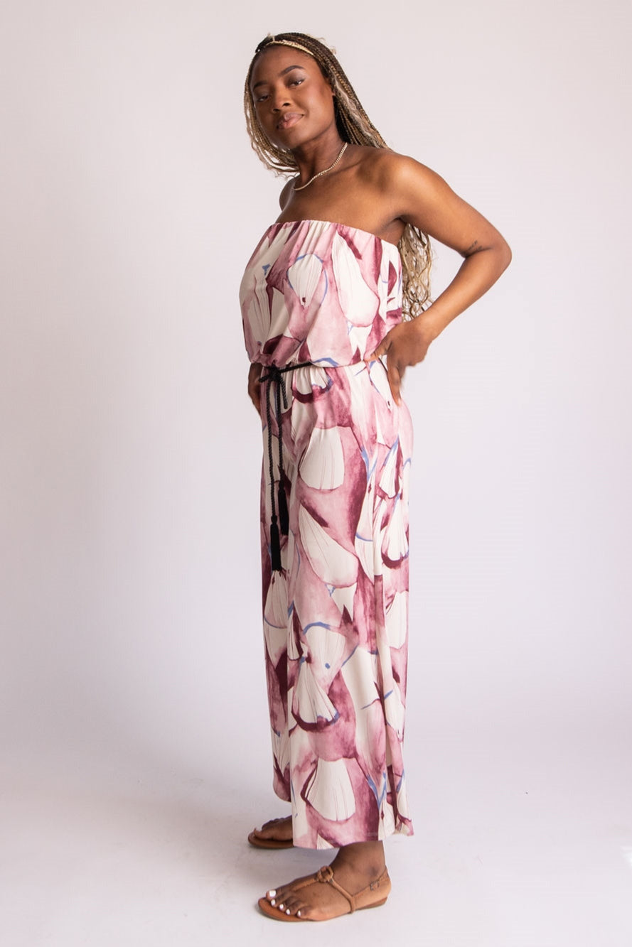 Wine Wide Legged Strapless Jumpsuit - Expressive Collective CO.