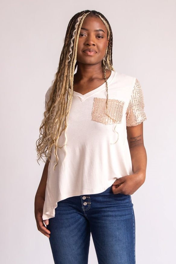 When the Sun Comes Up Sequins V-neck Tee - Expressive Collective CO.
