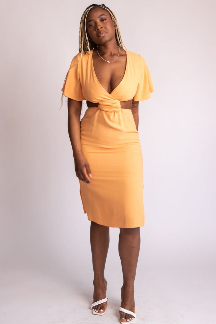 Flutter Sleeve Front Tie Cut Out Dress - Expressive Collective CO.